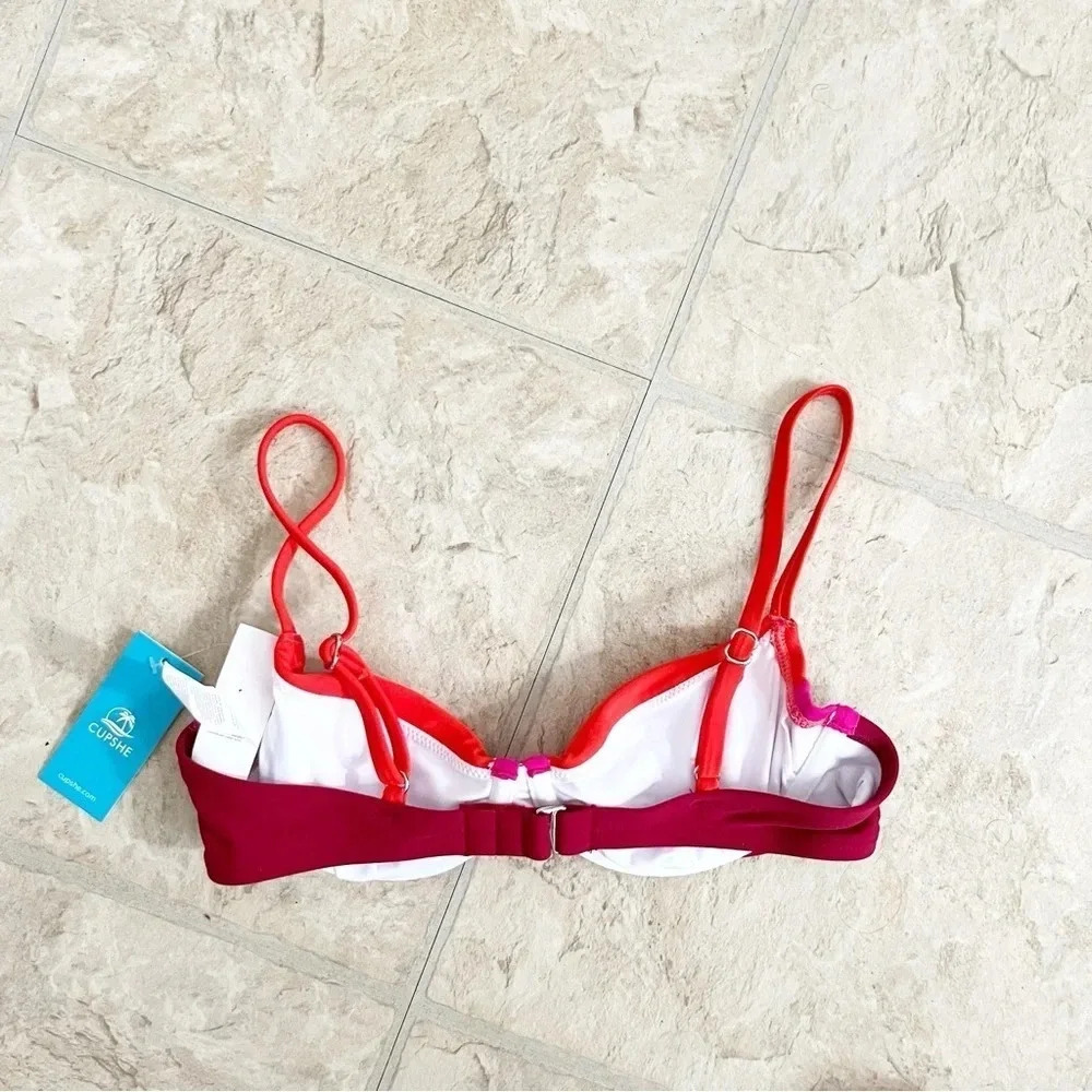 NWT Cupshe Colorblock Hidden Wonders Top XS & V-Front Bikini S Bottom Barbiecore - Picture 8 of 11